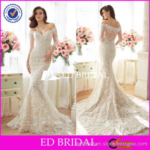 New Arrival Off Shoulder Allover Appliques Mermaid Long Sleeve Wedding Dress 2016